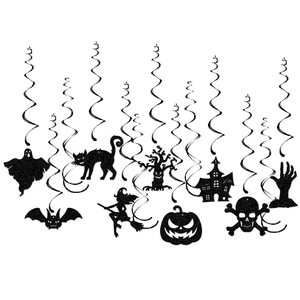 Close-up of Halloween hanging swirl decorations featuring black glitter ghost and bat cutouts