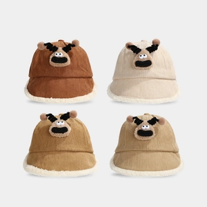 Kids Winter Bucket Hat Corduroy Warm Sherpa Fleece Lined Cartoon Animal Reindeer Bear Ears Outdoor Toddler Baby