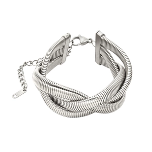 Detail of silver triple-strand braided snake chain necklace with lobster clasp