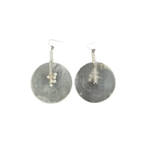Minimalist silver hoop earrings with white pearls and grey marble textured discs