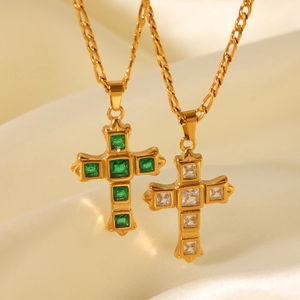 Cross Pendant Necklace Stainless Steel Zircon Inlaid Figaro Chain Gold Plated Fashion Jewelry For Women Religious Style
