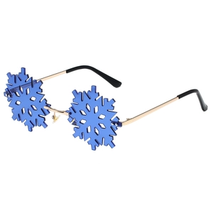 Blue snowflake-shaped rimless sunglasses with gold metal frame shown at a 45-degree angle