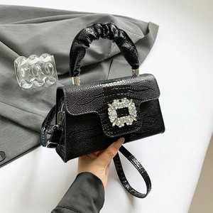 Women Crocodile Pattern PU Leather Handbag Rhinestone Buckle Ruched Handle Shoulder Crossbody Bag Elegant Fashion Bag