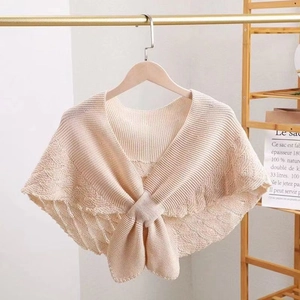 Women Elegant Hollow Out Knit Shawl Crochet Shoulder Wrap With Bow Knot Decorative Fake Collar Solid Color Shrug