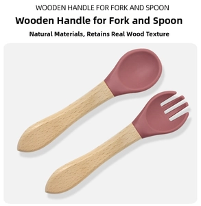 Detail of wooden handle baby silicone spoon and fork set with natural wood grain texture