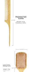 Detailed dimensions of bamboo massage hairbrush and tail comb with precise measurements