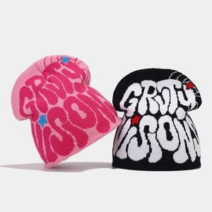 Hip-hop jacquard knit beanies in pink and black featuring graffiti letters and stars