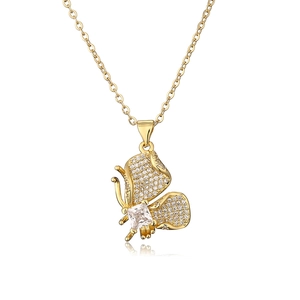 Elegant gold butterfly pendant necklace with square zircon stone and pave crystals