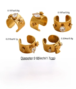 Detailed size specifications for five gold stainless steel rings with zircon settings