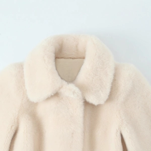 Minimalist cream faux fur coat with lapel collar and waist tie for women