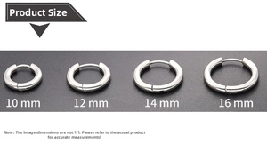 Detailed size chart showing gold stainless steel hoop earrings from 10mm to 16mm diameter