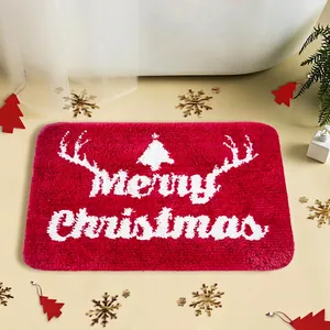 Red Christmas faux cashmere rug with Merry Christmas text and white reindeer pattern