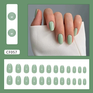 Minimalist sage green almond press-on nails set with 24 pieces for women