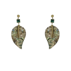 Leaf pendant earrings with green gemstone and iridescent acetate texture in gold