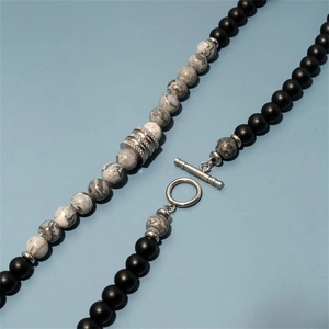 8MM natural map stone and black obsidian beaded necklace for men with silver toggle clasp