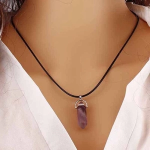 Natural purple amethyst hexagonal prism pendant necklace with black leather cord