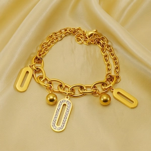 Bracelet À Double Chaîne En Acier Inoxydable Plaqué Or 18K Avec Pendentifs Ovales En Strass Bijoux De Mode Pour Femmes