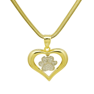 Detailed close-up of a gold heart pendant featuring a rhinestone pet paw on a snake chain