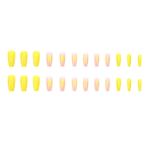 Faux ongles longs forme cercueil jaune citron avec motifs d'étoiles et effet dégradé