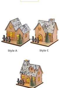 Detail of wooden LED Christmas houses Style A and C with faux snow and warm lights
