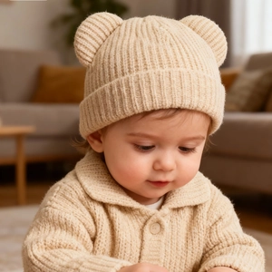 Close-up of cozy beige infant knitted set featuring cute bear ears on the warm winter hat