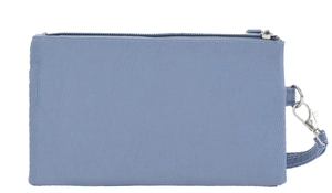 Detail view of light blue nylon phone pouch with zipper and wrist strap on white background