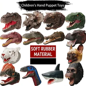 Collection of soft rubber dinosaur and animal hand puppets including T-Rex and sharks