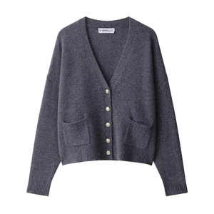 Cardigan En Maille À Col En V Pour Femmes Gris Pull Doux Boutons Dorés Poches Manches Longues Élégant