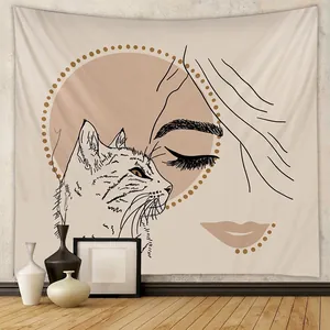 Minimalist Line Art Wall Tapestry Polyester Hanging Cloth Woman And Cat Design Boho Style Room Decoration