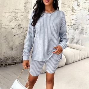 Women Rib-Knit Long Sleeve Crewneck Top And Biker Shorts Casual Lounge Wear Slim Fit Ribbed Matching Outfits