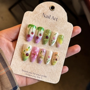 Almond fake nails featuring 3D strawberries, ladybugs, and floral pastoral designs