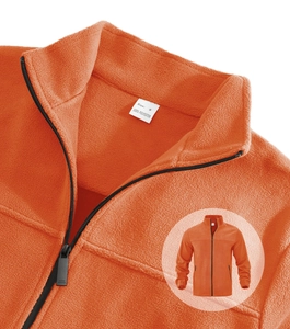 Detailed close-up of orange polar fleece stand collar jacket with soft 380G thick texture