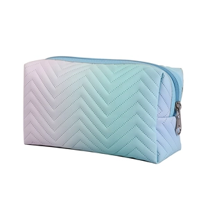 Pink and blue gradient PU leather makeup bag with elegant V-shaped quilted texture