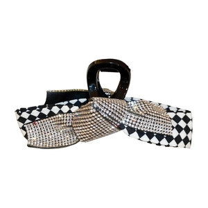 Vintage checkered bow hair claw clip with rhinestones for elegant women's hairstyles