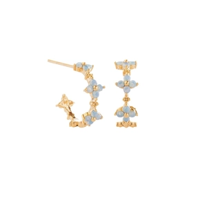Golden flower hoop earrings with blue zircon stones, 18K gold plated vintage jewelry