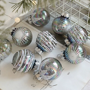Iridescent 6cm Christmas ball ornaments with snowflake patterns on festive background
