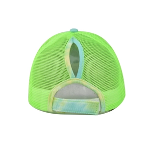 Rear view of neon green mesh sun hat featuring a ponytail hole and tie-dye velcro strap