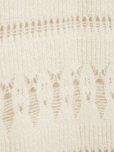 Macro shot of white pointelle knit fabric texture with hollowed-out wave patterns