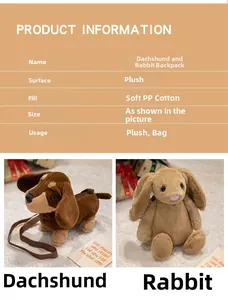 Detailed plush dachshund and rabbit backpack specs with soft PP cotton stuffing