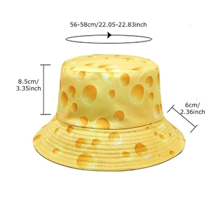 Yellow bucket hat with creative cheese hole print featuring detailed size measurements