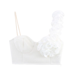 Crop Top Femme Asymétrique Épaule Unique Fleur Dimensionnelle Mesh Satin Bretelle Tressée Été Sexy Bustier Cami Blanc