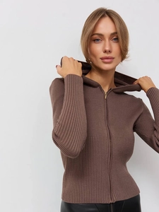 Detail of slim fit brown ribbed knit sweater with metal zipper and hooded neckline