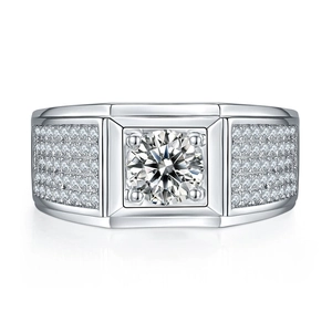 Men's wide 925 silver moissanite ring with a brilliant round center stone and side accents