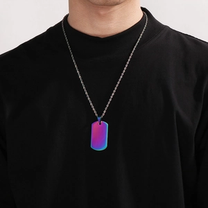 Rainbow gradient military dog tag pendant necklace worn by male model on silver chain