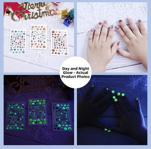Luminous Christmas nail stickers featuring Santa and reindeer designs for kids DIY art