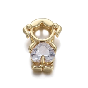 Detail of gold girl pendant with white pearl head and clear heart-shaped zircon stone