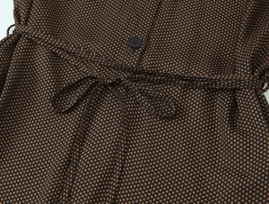 Détails de robe marron à pois avec patte de boutonnage et ceinture à nouer