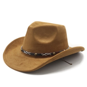 Detail of suede western cowboy hat featuring decorative dark band with metal studs