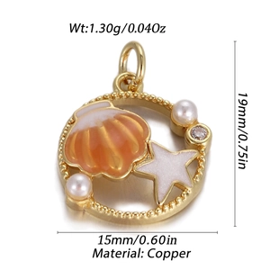 Detailed view of gold copper pendant with orange shell enamel and size specifications