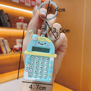 Detail view of mini milk tea cup calculator keychain with measurement specifications